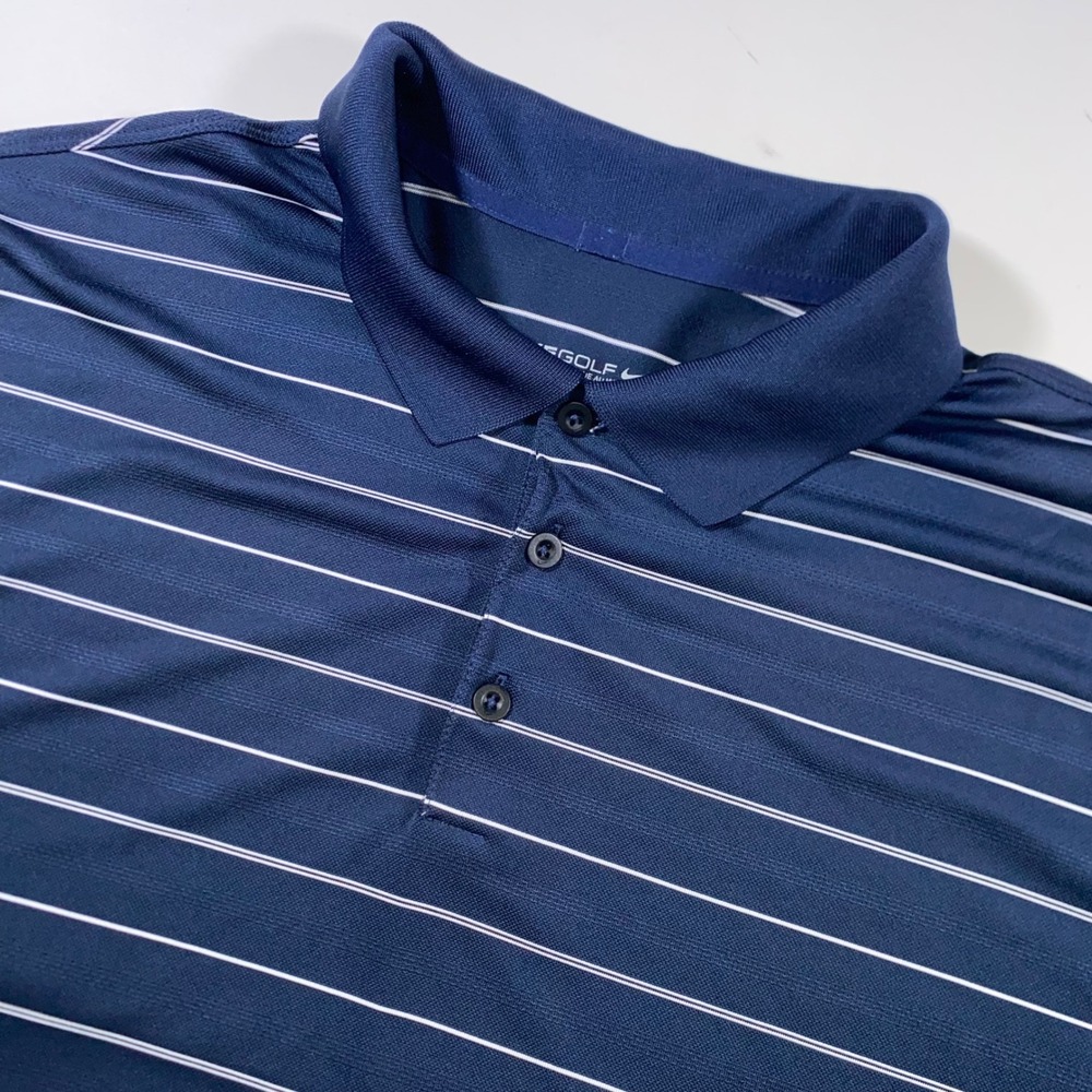 Nike Golf Dri-FIT Mens XXL Navy Blue White Striped Short Sleeve Polo Shirt N204